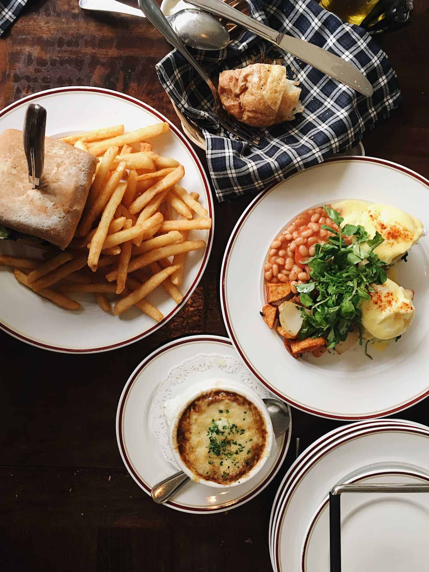 Traditional French foods for breakfast in cafe.