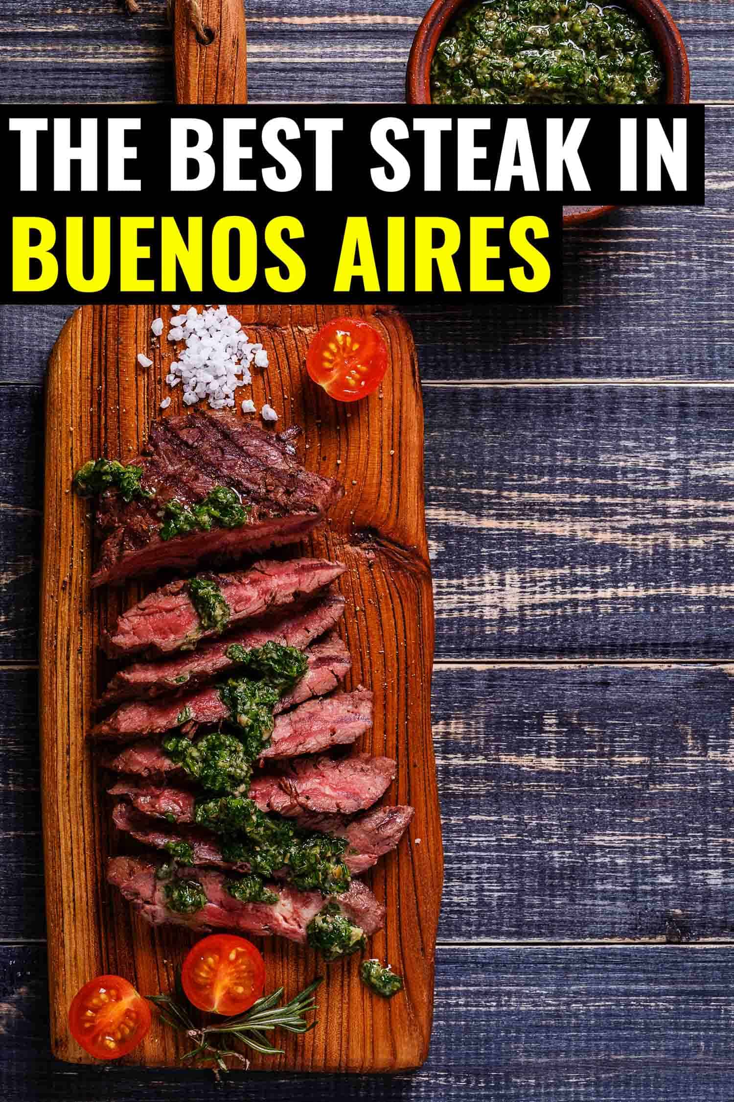 steak with salsa verde on a cutting board