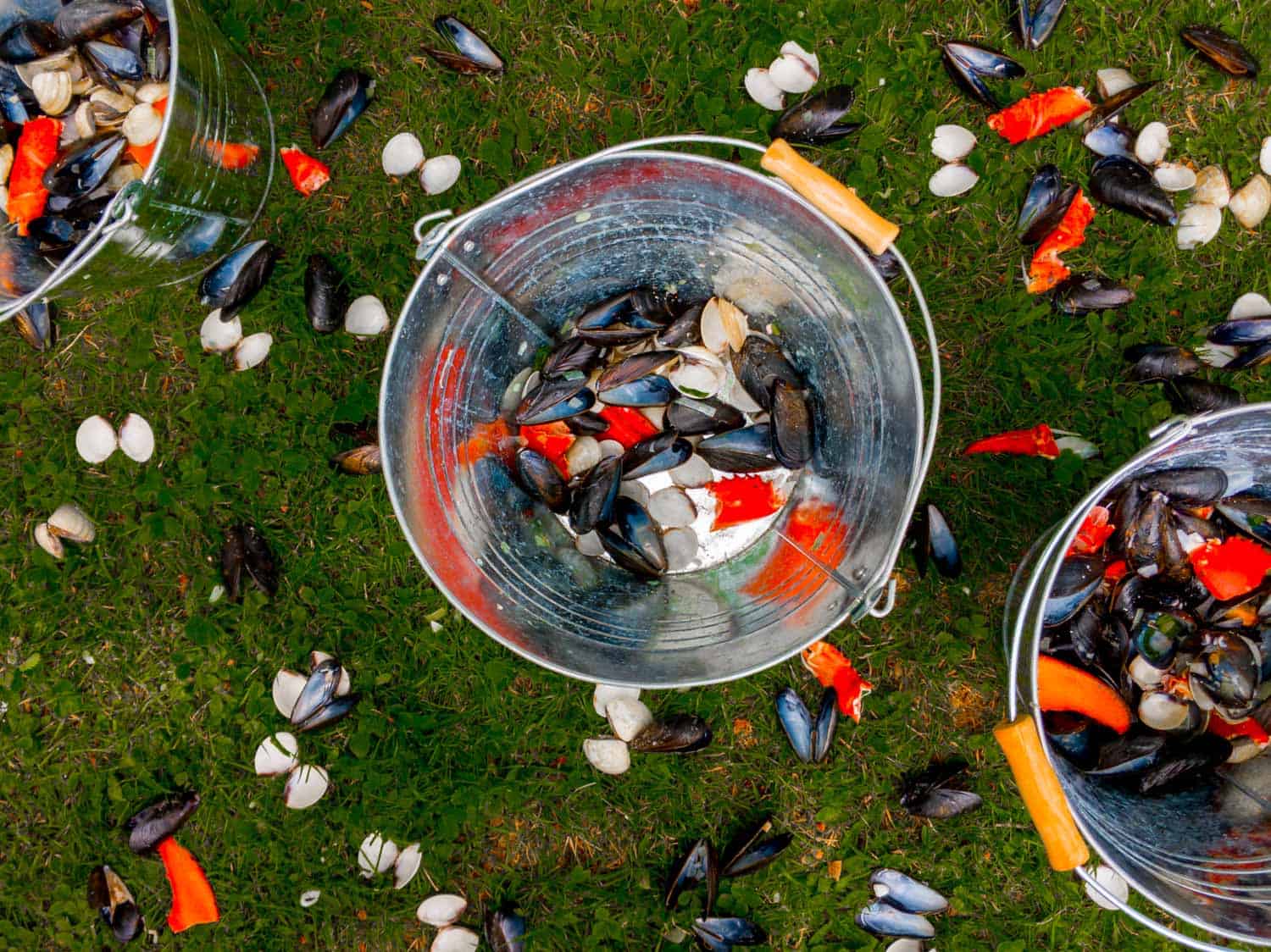 Seafood shells tossed into a bucket