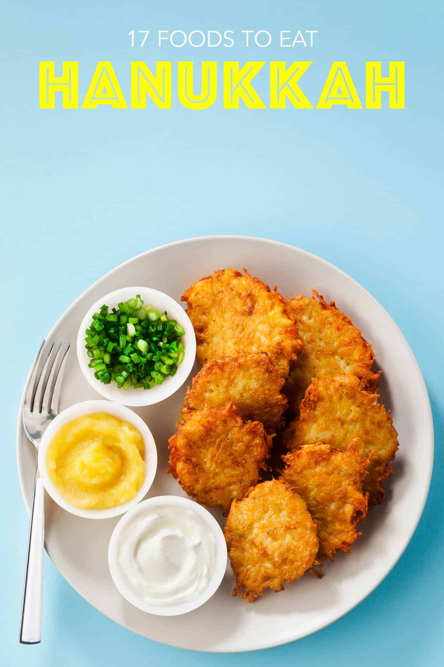 Lakes are a popular Hanukkah food, here they are on a white plate and light blue background
