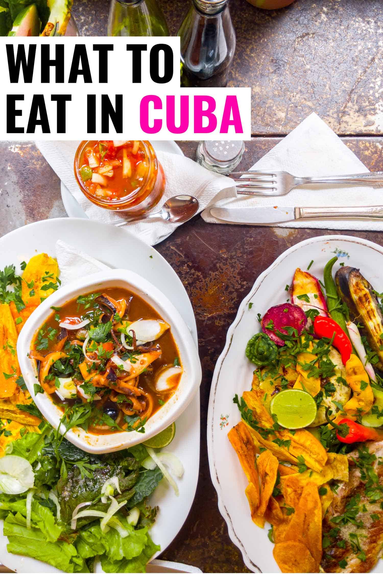 Table with Cuban food on it at El de Frente restaurants in Havana Cuba