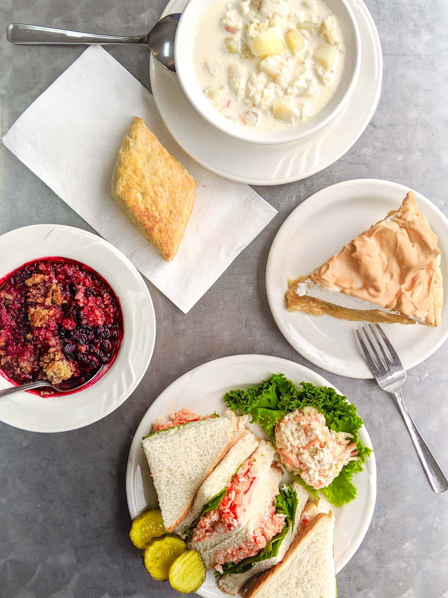 Stirlings restaurant shot of lobster sandwich, fruit crisp, butterscotch pie and chowder in Grand Pre Nova Scotia