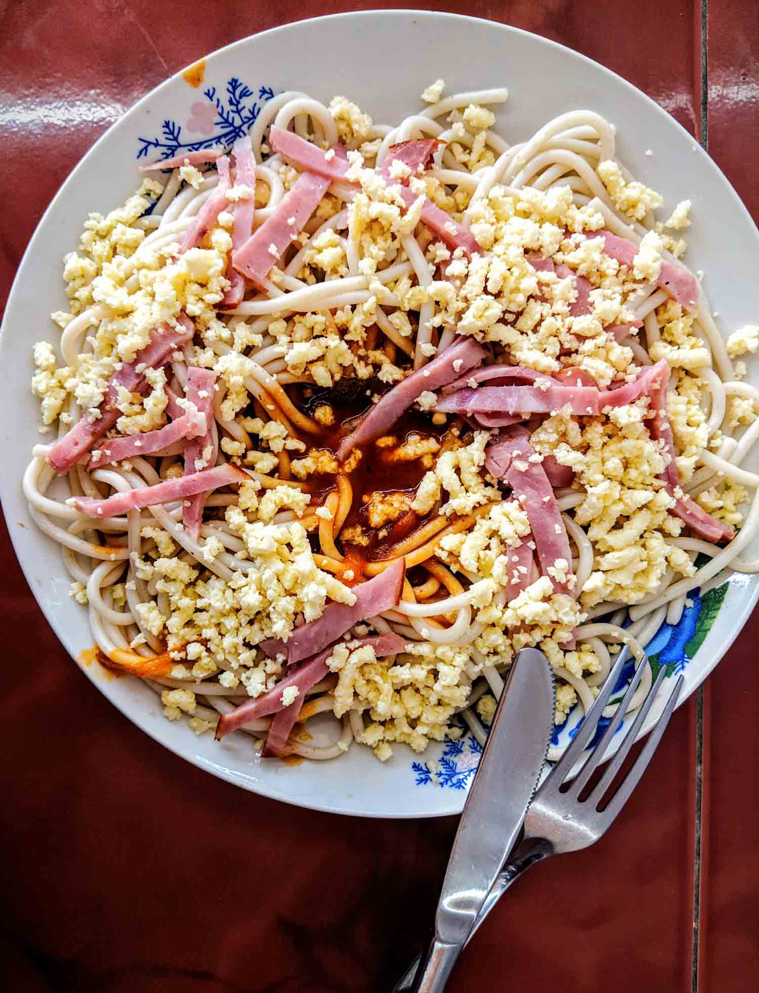 Spaghetti with ham and cheese at a paladar in Havana