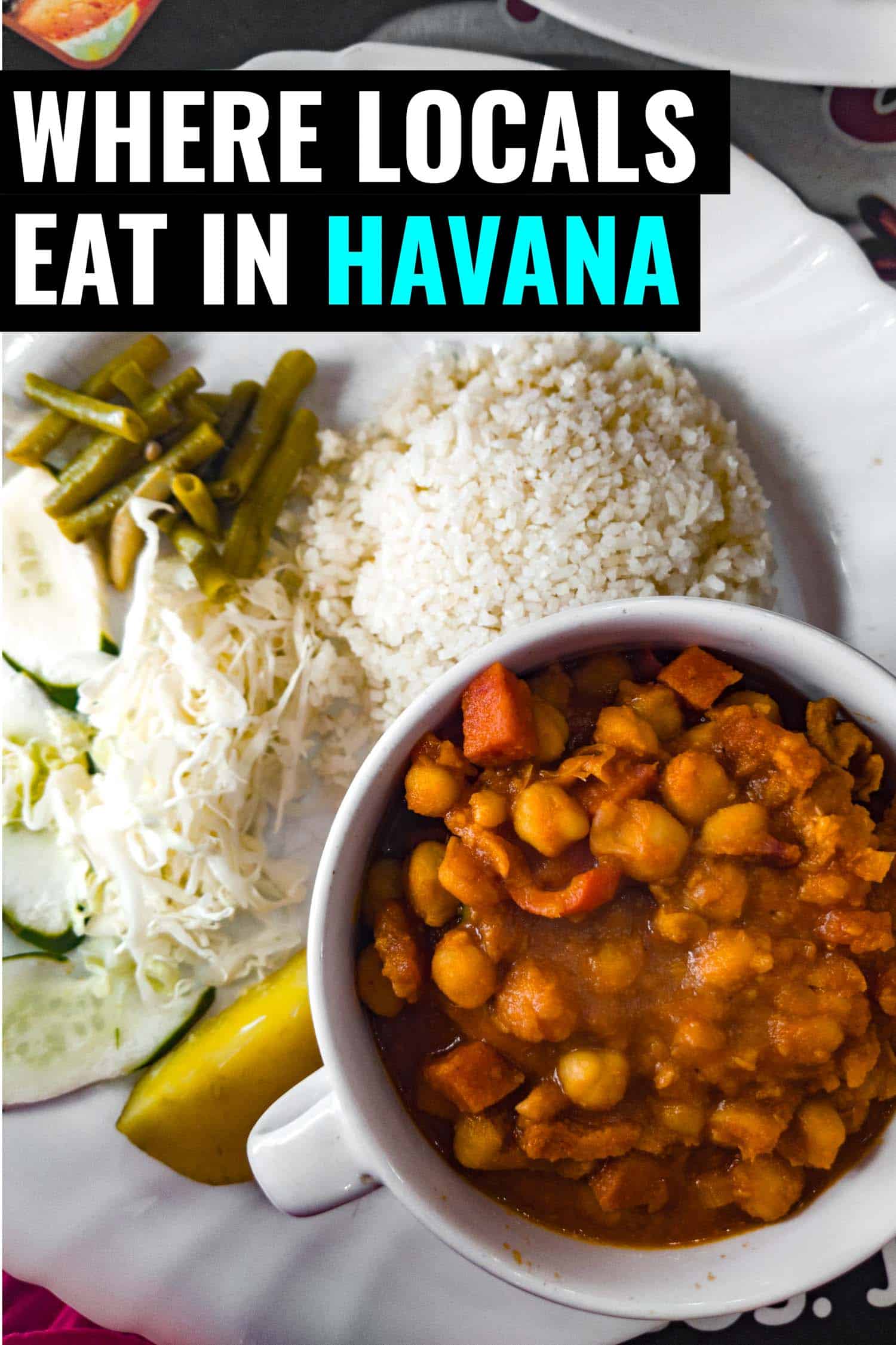 Garbanzo frito with rice and cabbage, a typical Cuban food served at restaurants in Havana