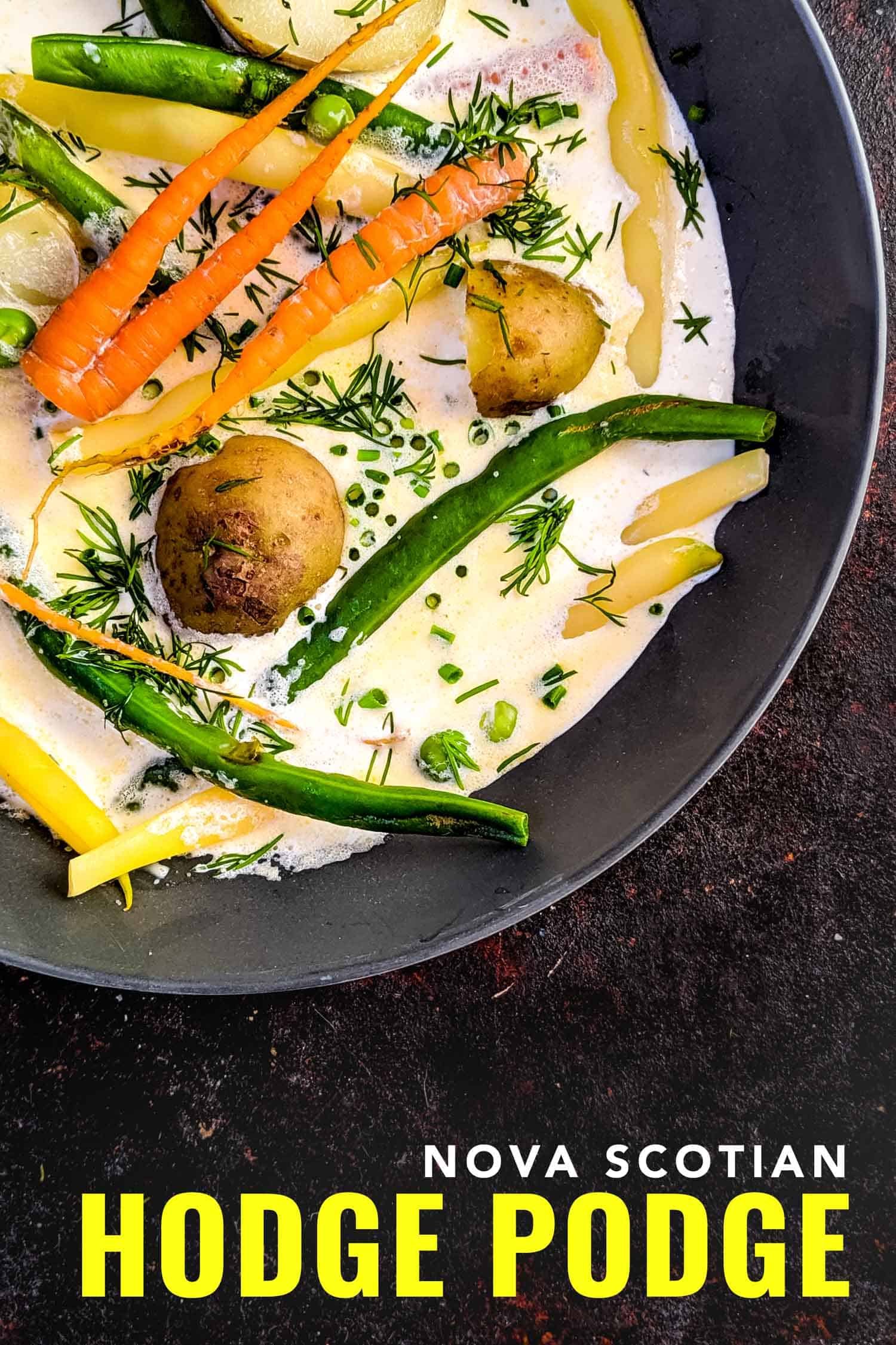 A bowl of vegetables in cream, a traditional recipe in Nova Scotia called hodge podge.