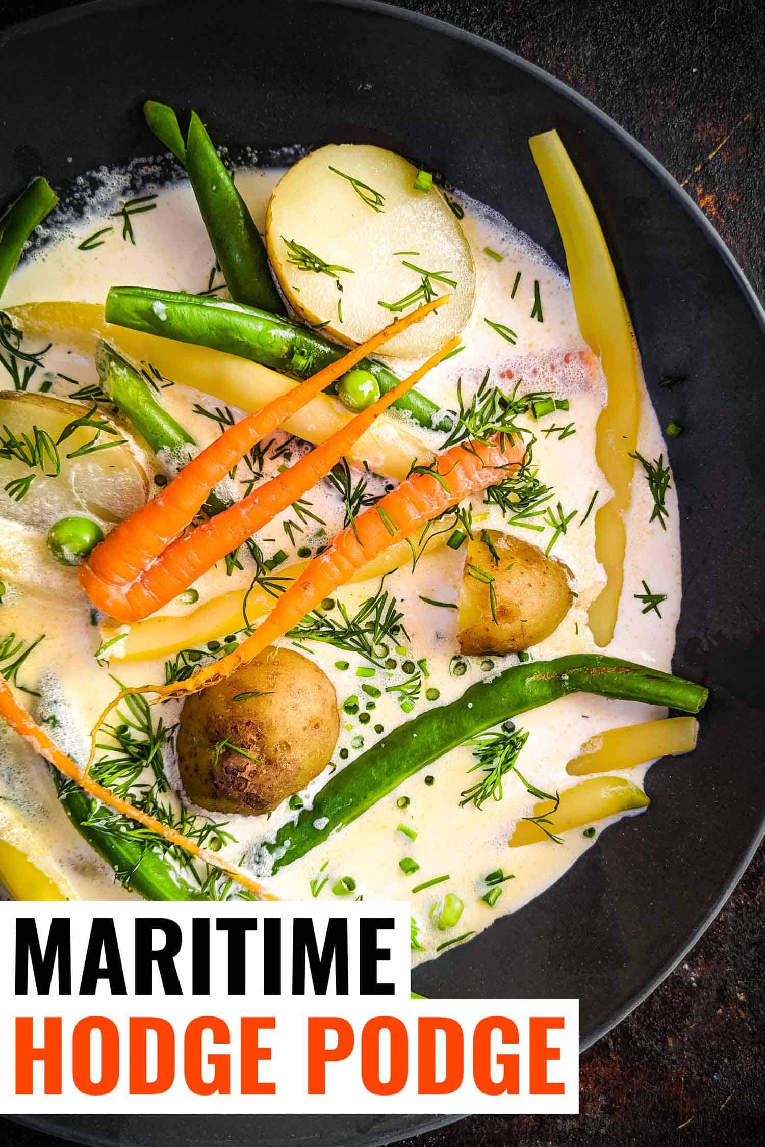 A bowl of vegetables in cream, a traditional recipe in Nova Scotia called hodge podge.