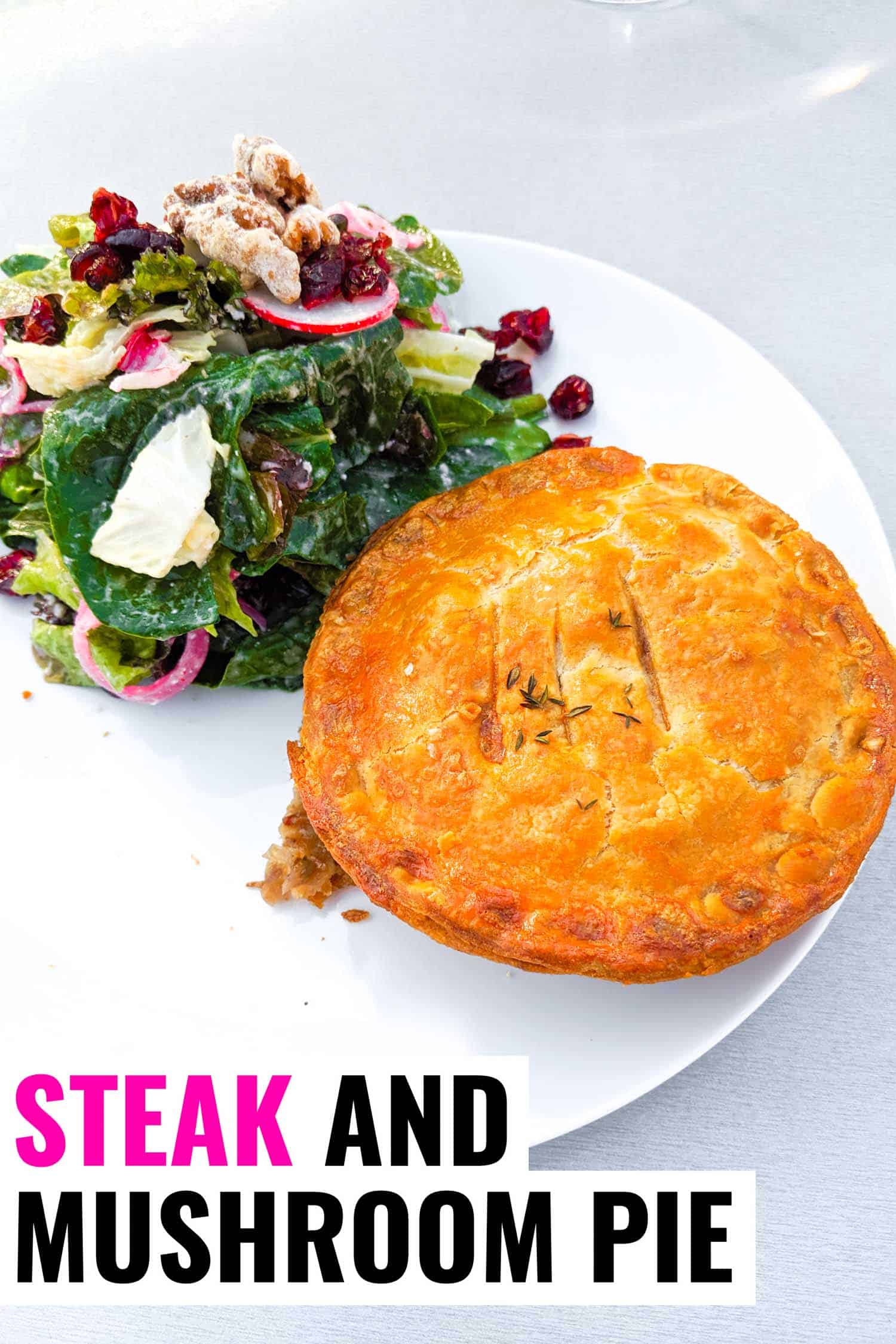 Steak and mushroom pie recipe on a plate with a green salad.