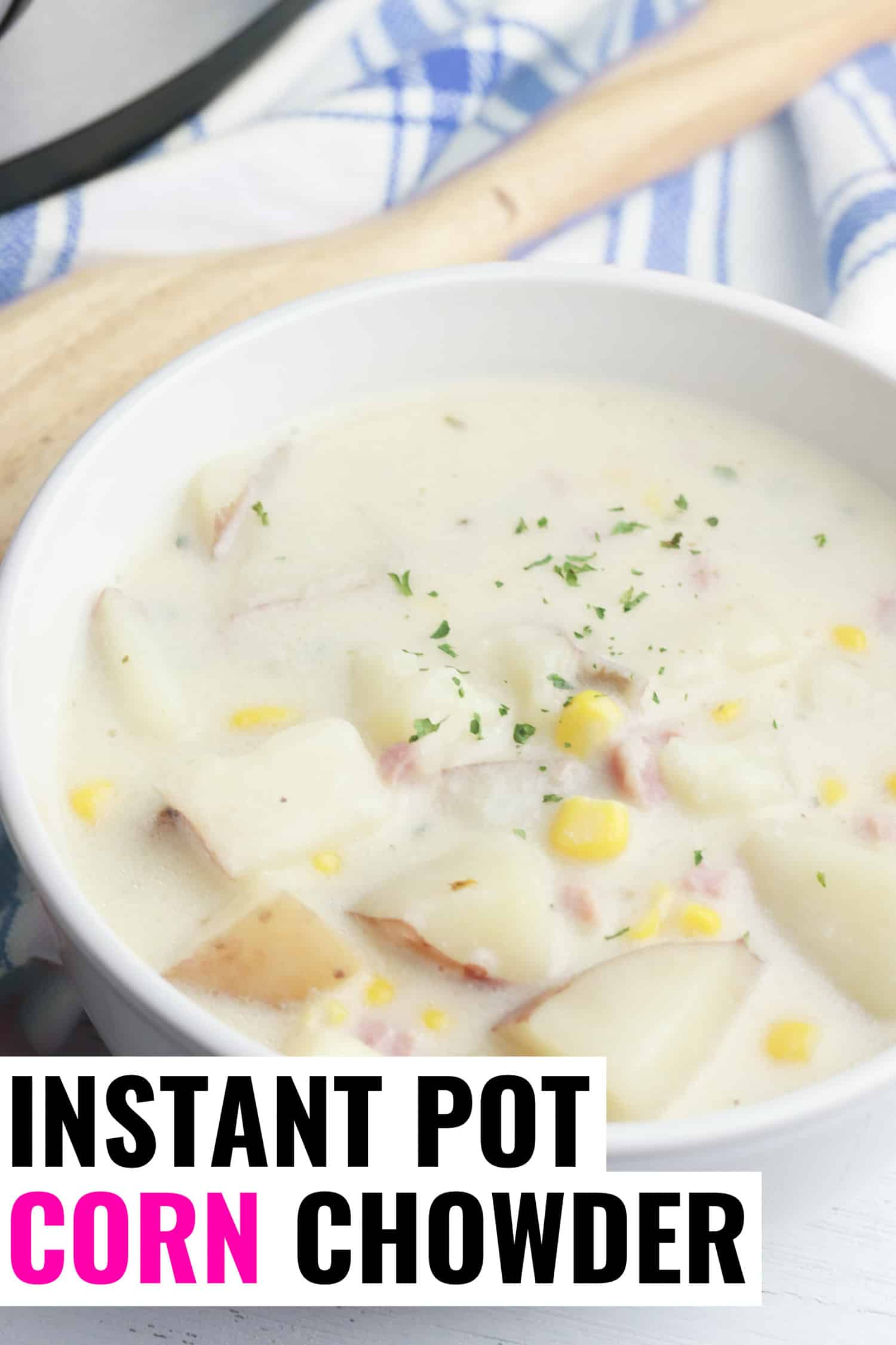 Corn and ham chowder in a bowl