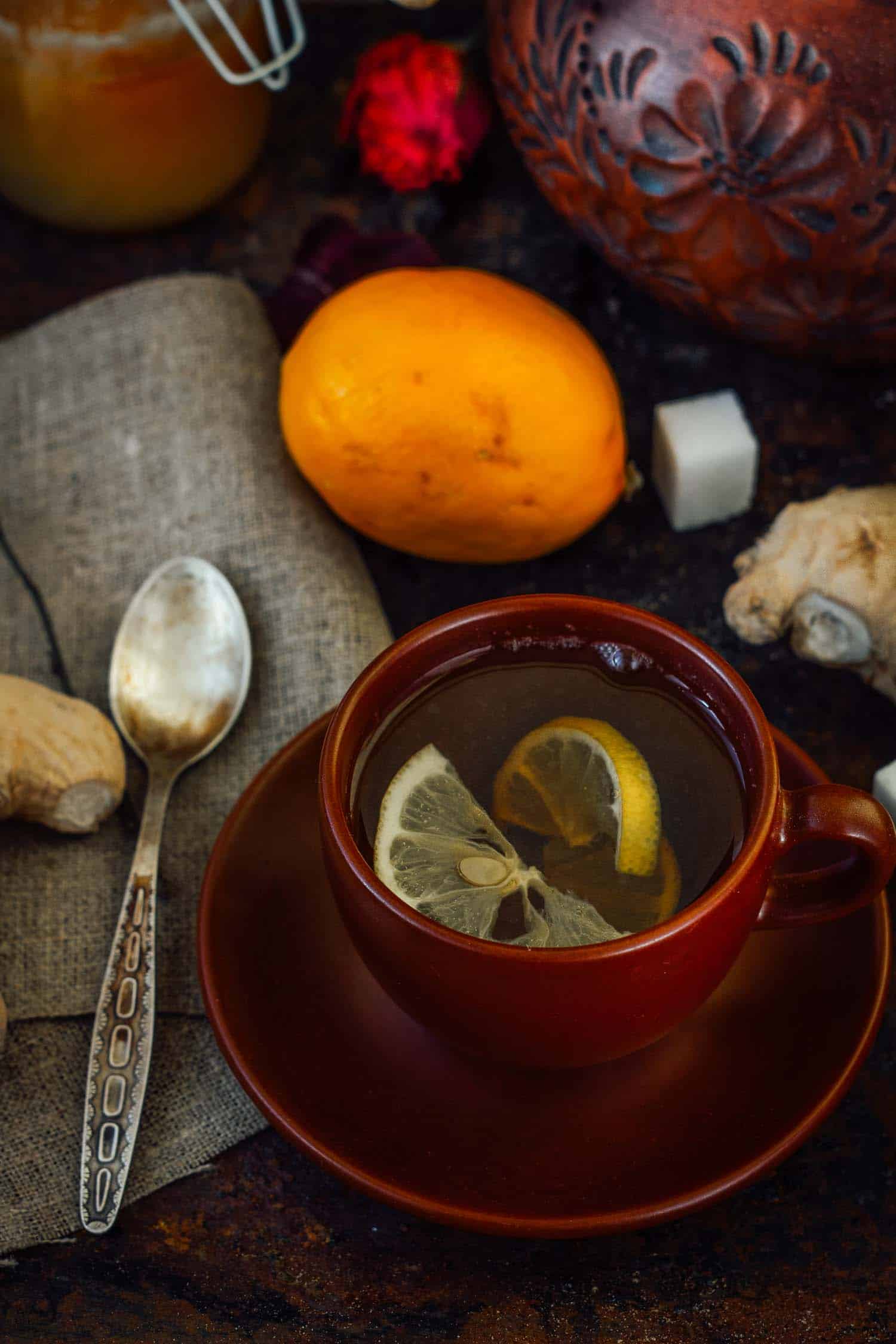 Ginger tea with lemon lime and sugar