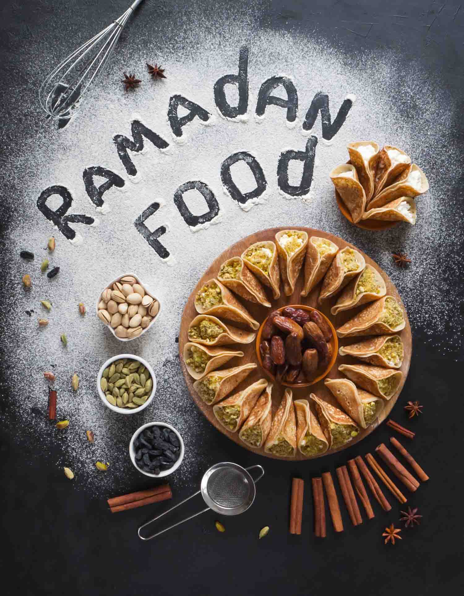 Arabic pastry background with the inscription Ramadan Food