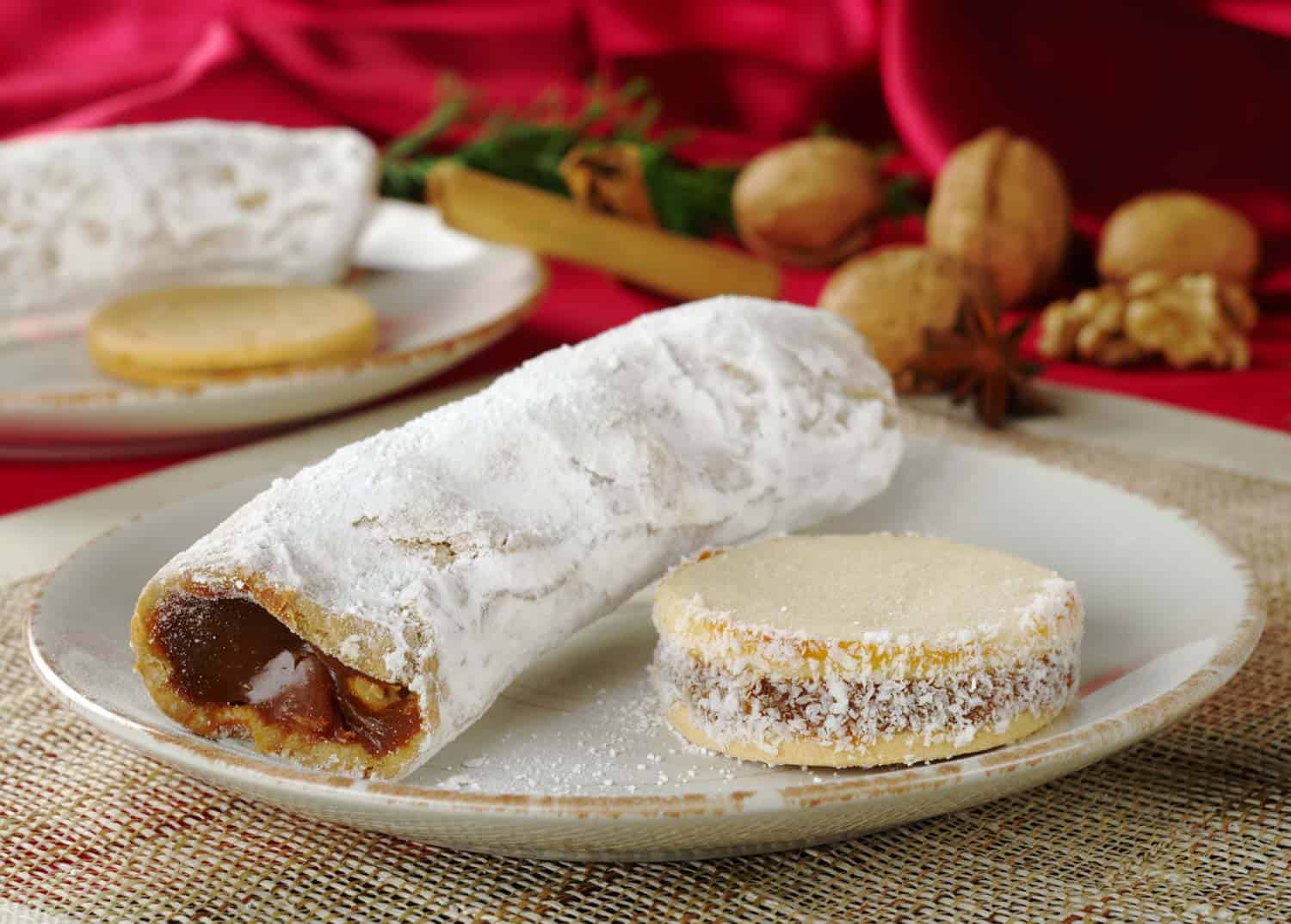 Desserts cakes filled with a caramel-like cream called "manjar": the long one is called "Guarguero" the round one is called "Alfajor"