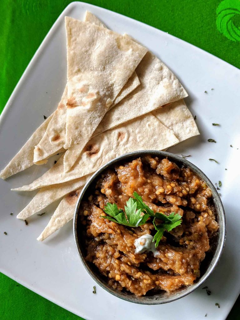 Eggplant dip and pita at Iranian restaurant Topoly terrace in the Vedado neighbourhood of Havana.