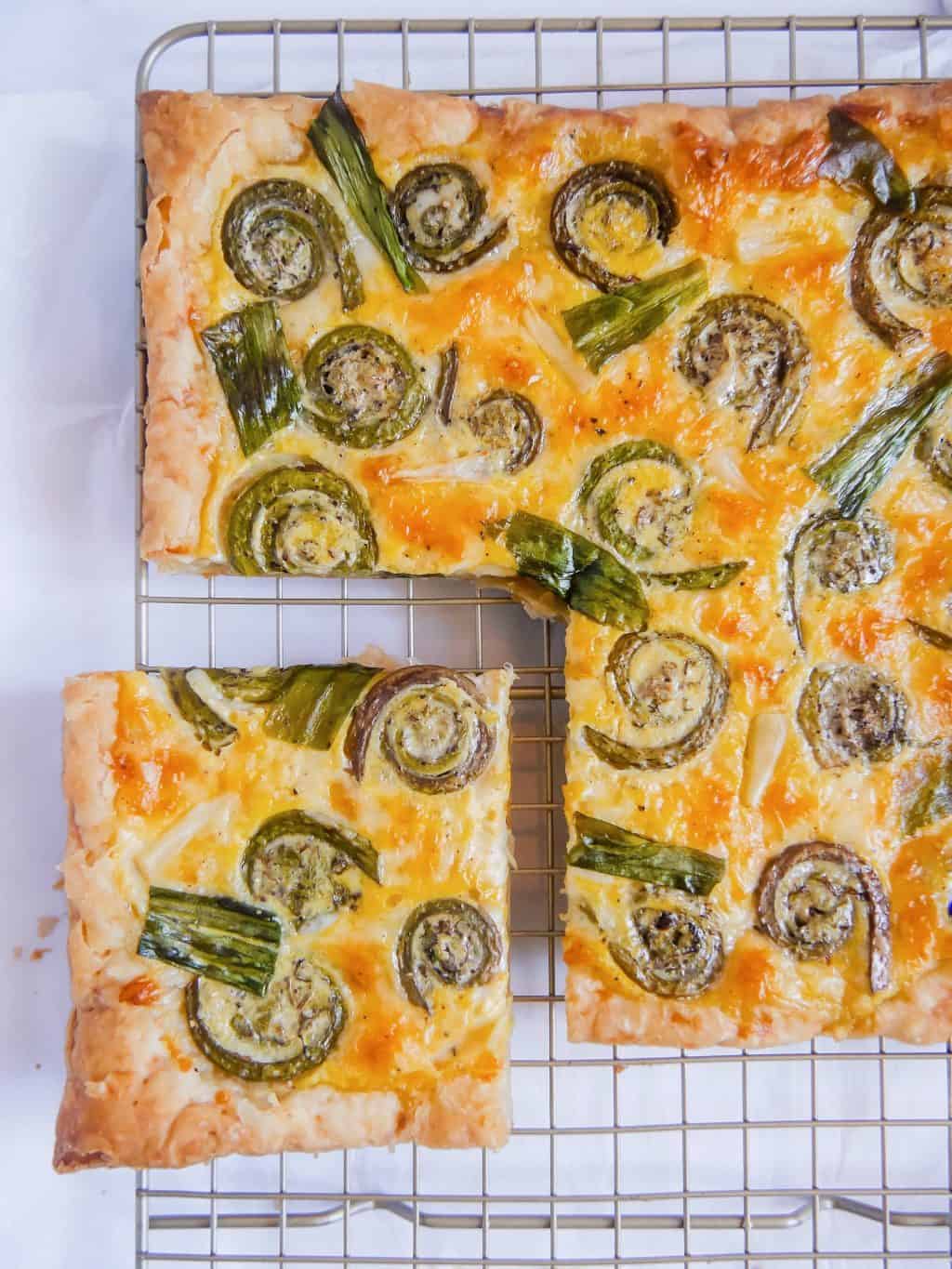 Fiddlehead ramp cheese tart