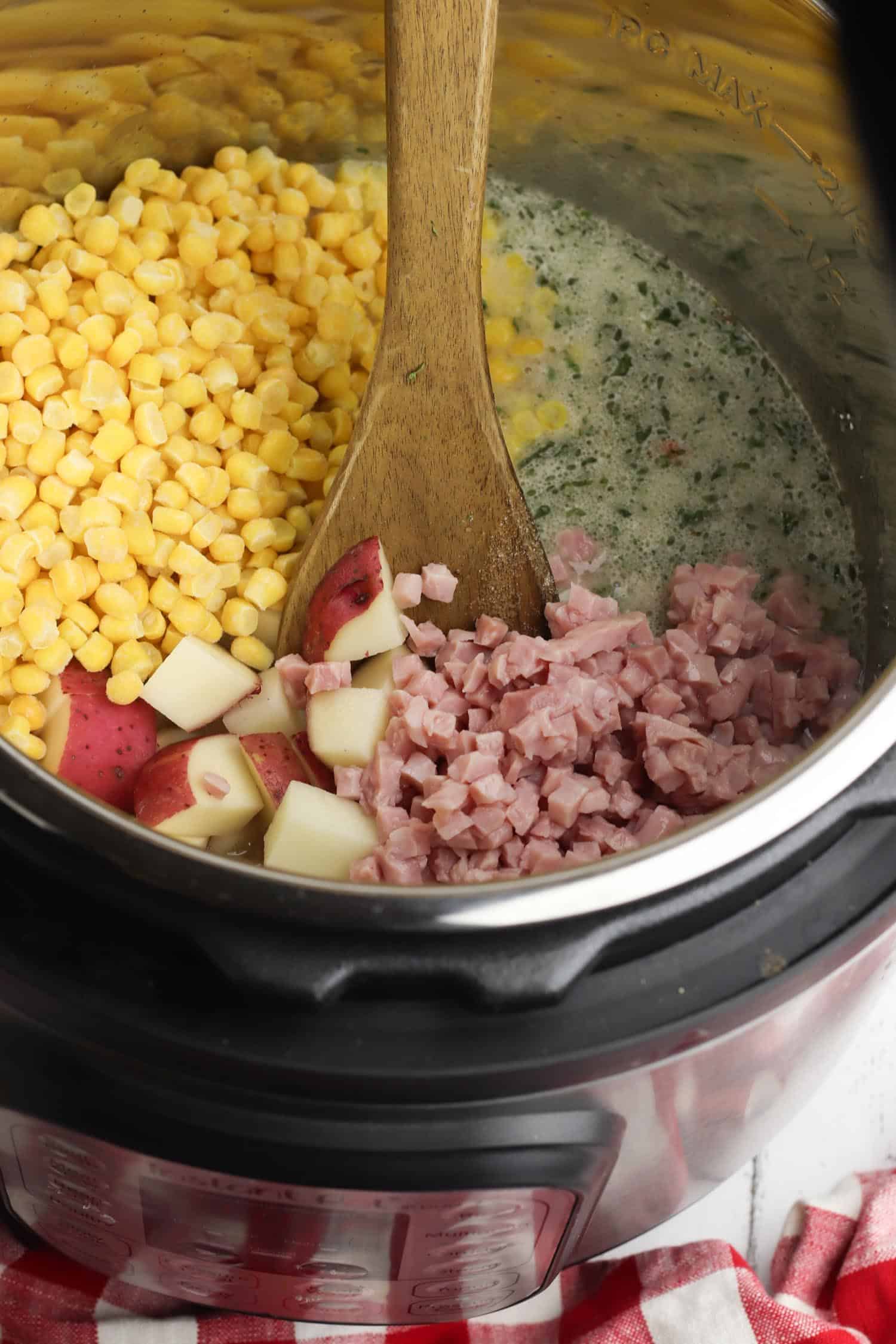 frozen corn, red potatoes, diced ham and cream in an instant pot
