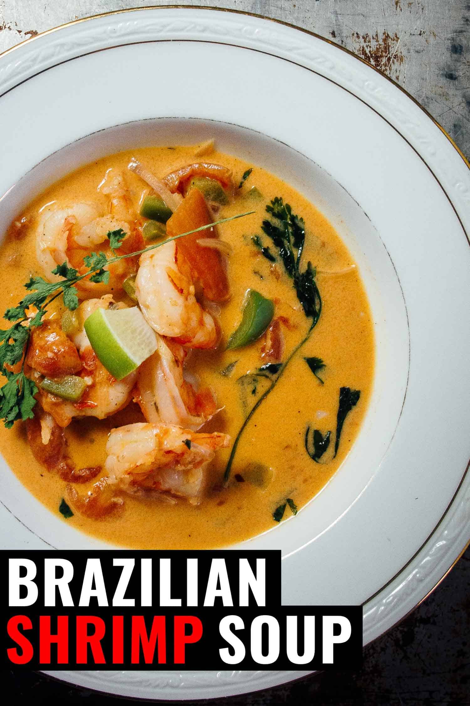 Brazilian shrimp soup in a white bowl on a rustic background