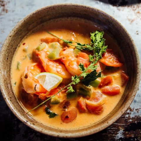 Shrimp stew called moqueca de Camarão on a baking sheet