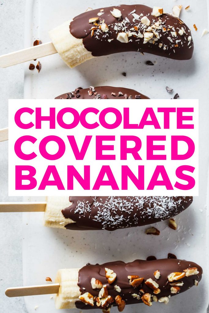 Chocolate covered bananas on a tray also called chocobananos or monkey tails.