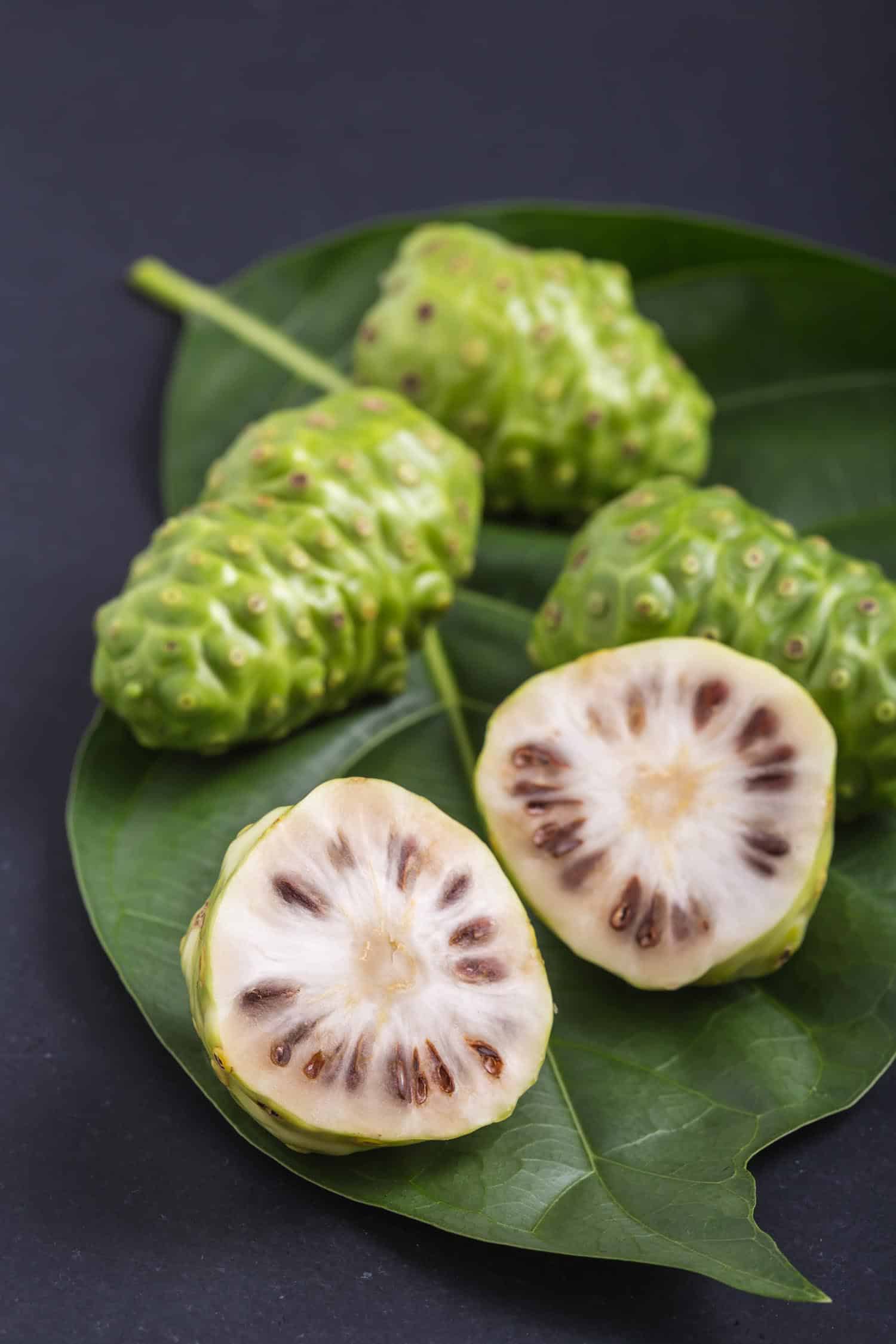 Fruit of Great morinda (Peru fruit Noni) or Morinda citrifolia tree and green leaf on black stone board background