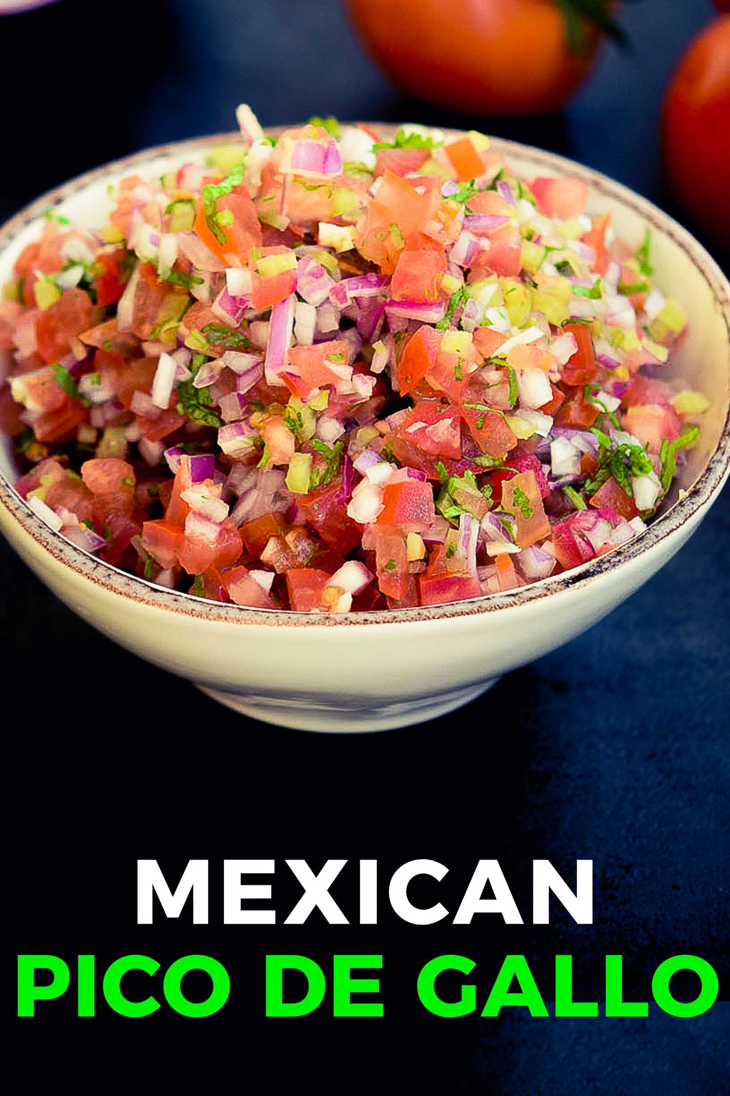 Pico de gallo salsa in a rustic bowl on a blue background