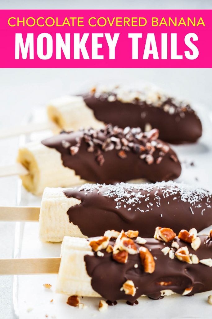 Monkey tails or frozen chocolate bananas on a tray.