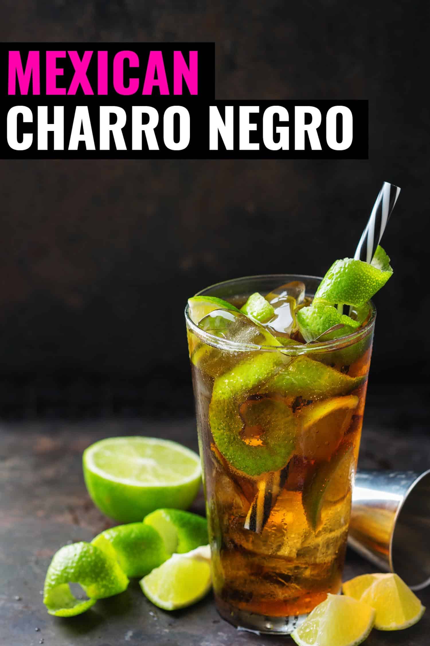 Charro negro tequila cocktail with lime in a glass on a black background