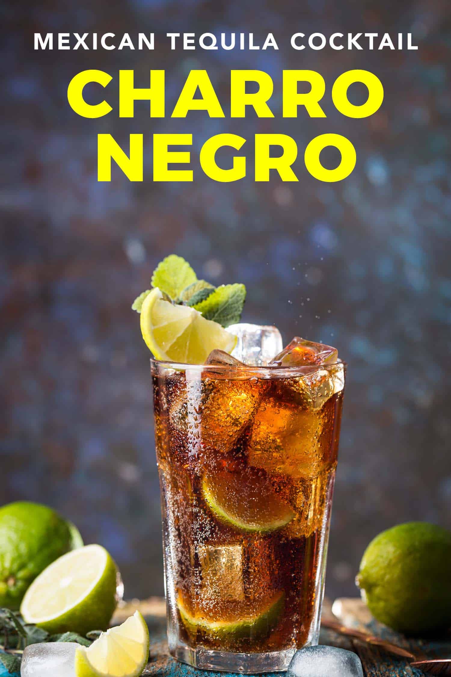 Charro negro Mexican cocktail with limes on dark background and text