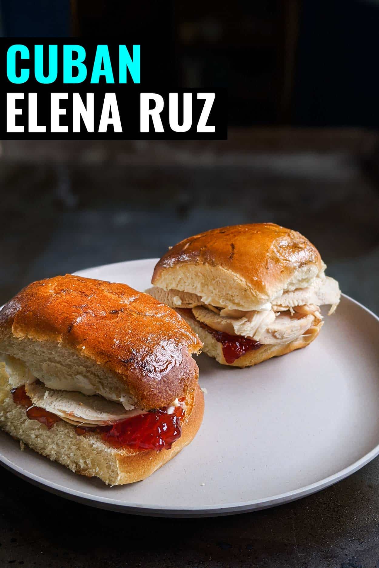 Open faced Elena Ruz sandwich, Cuban turkey sandwich with strawberry on one side and cream cheese on the other.