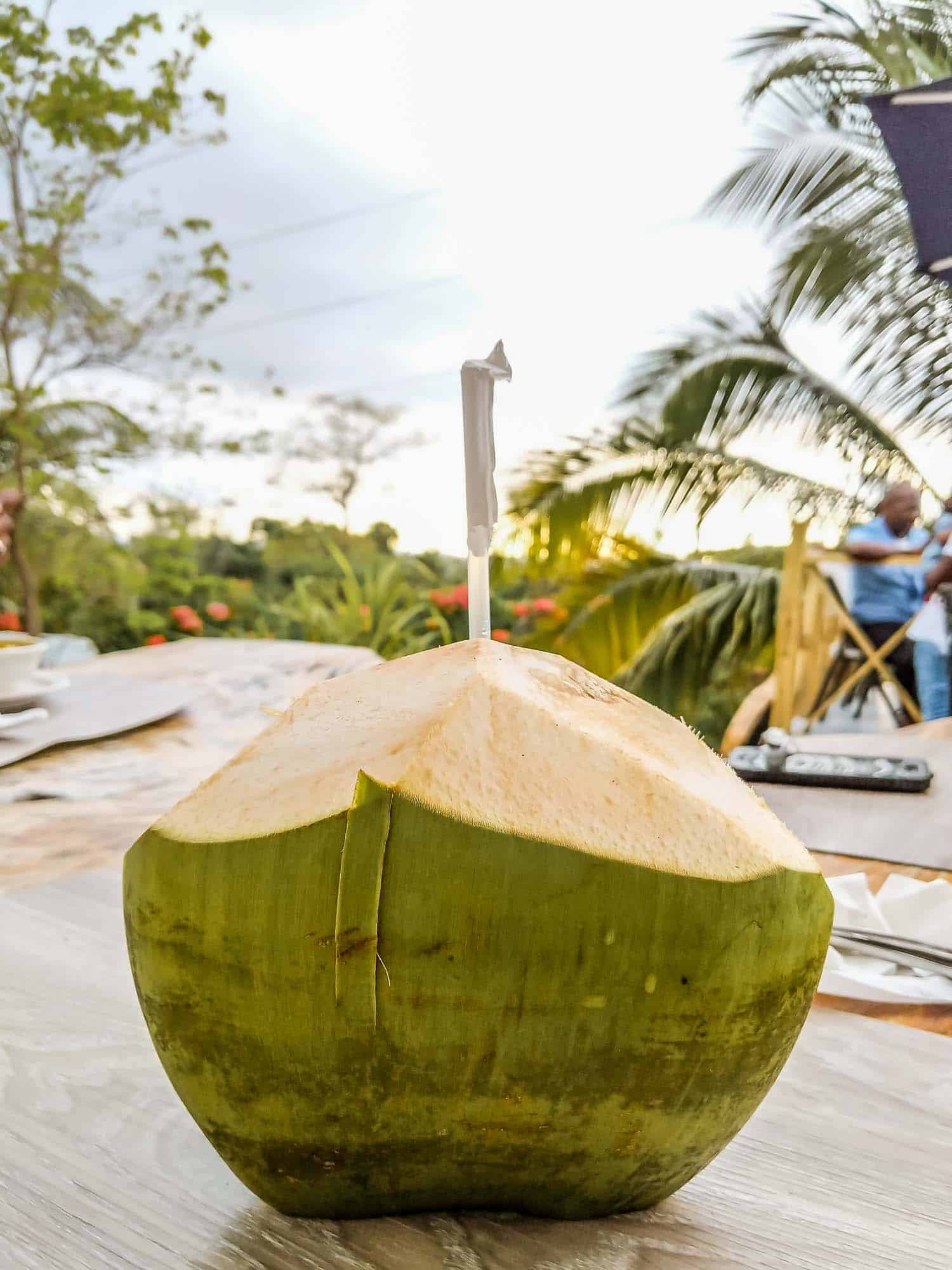 Coconut water in Jamaica at a restaurant.