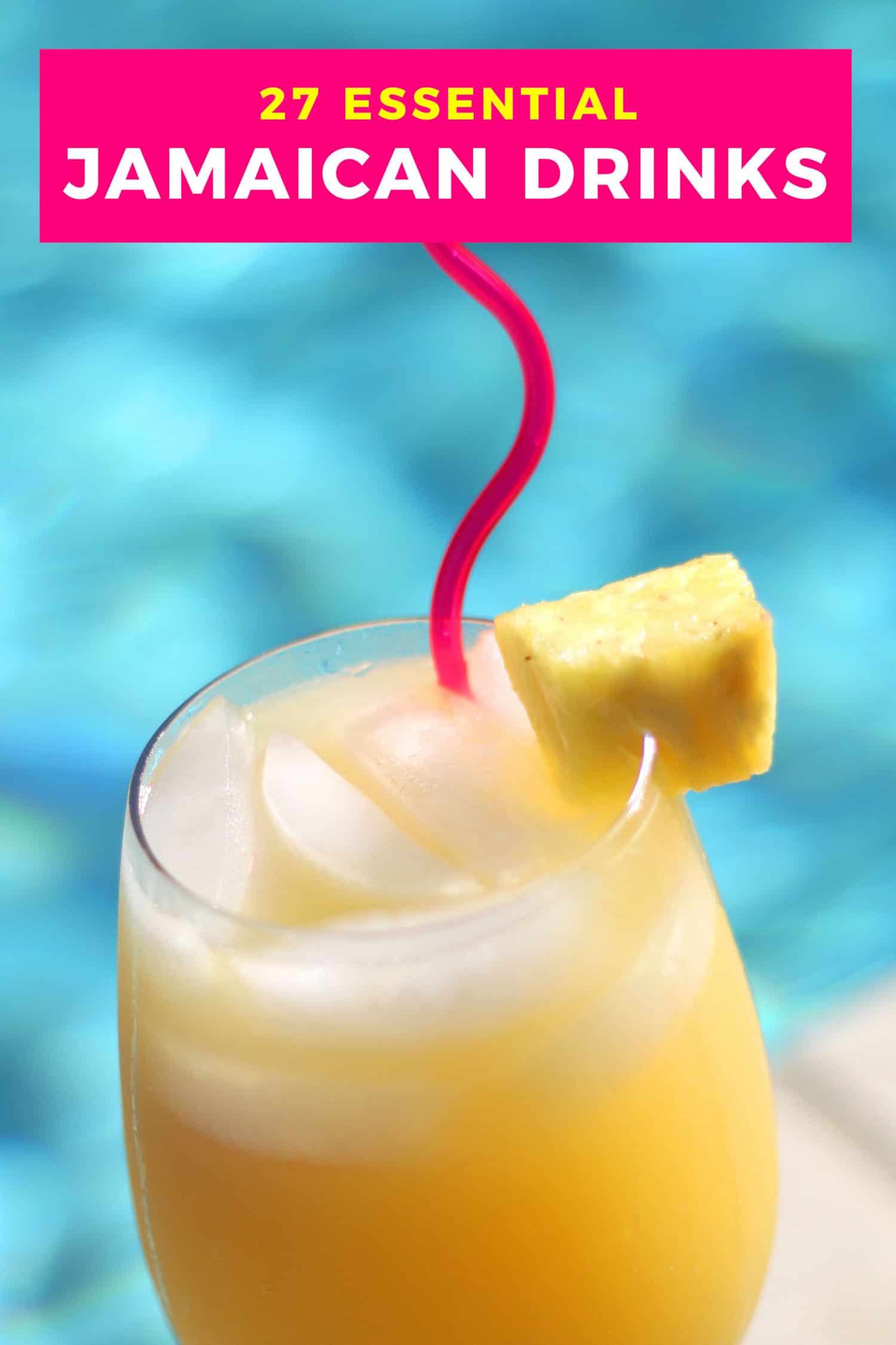 Pineapple Jamaican cocktail with a pool in the background