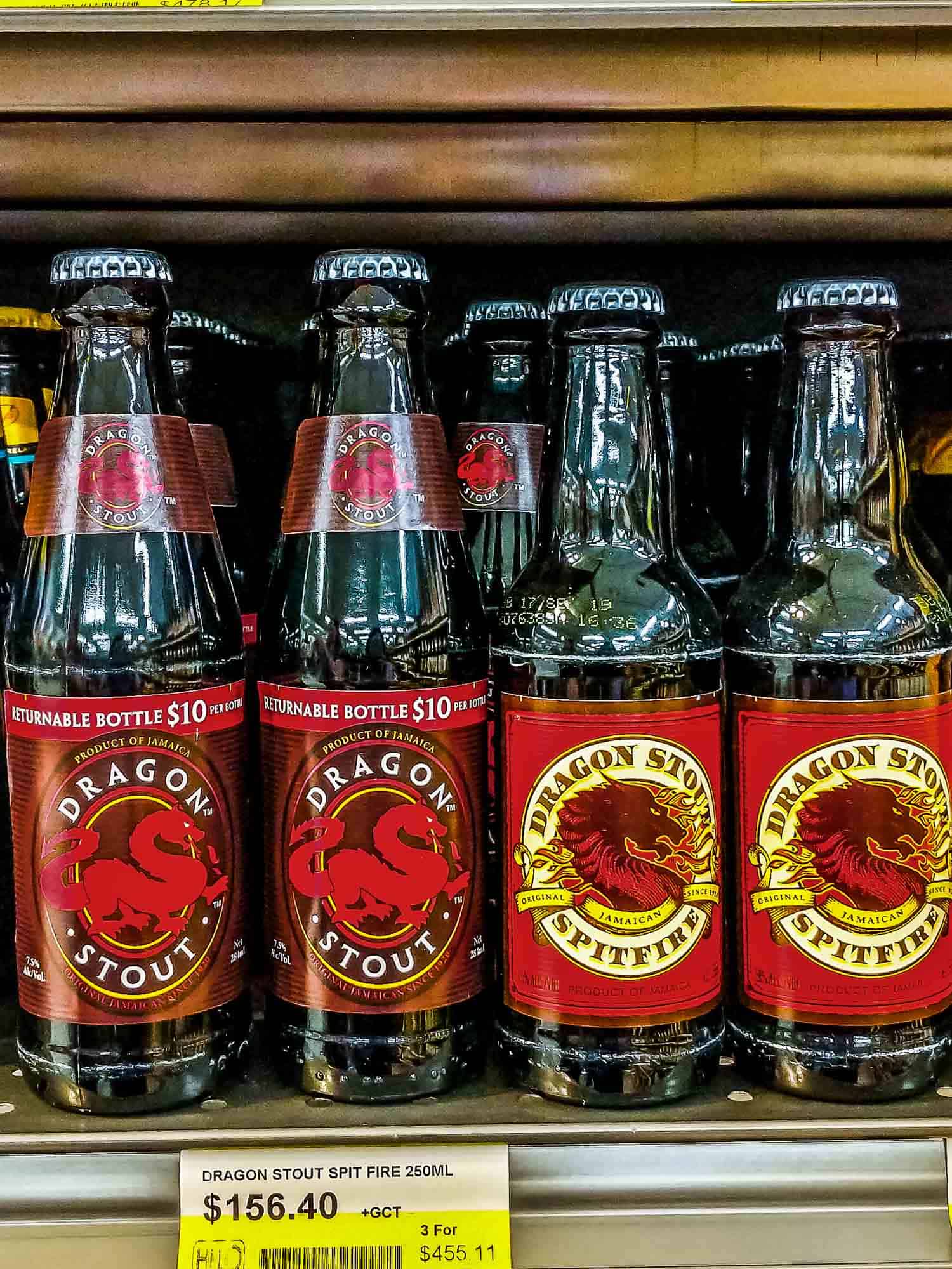 Dragon Stout a popular Jamaican beer on a supermarket shelf.