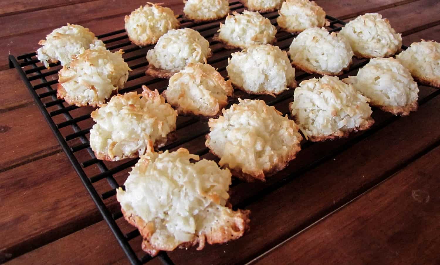 Tray of coconut macaroons cooling.