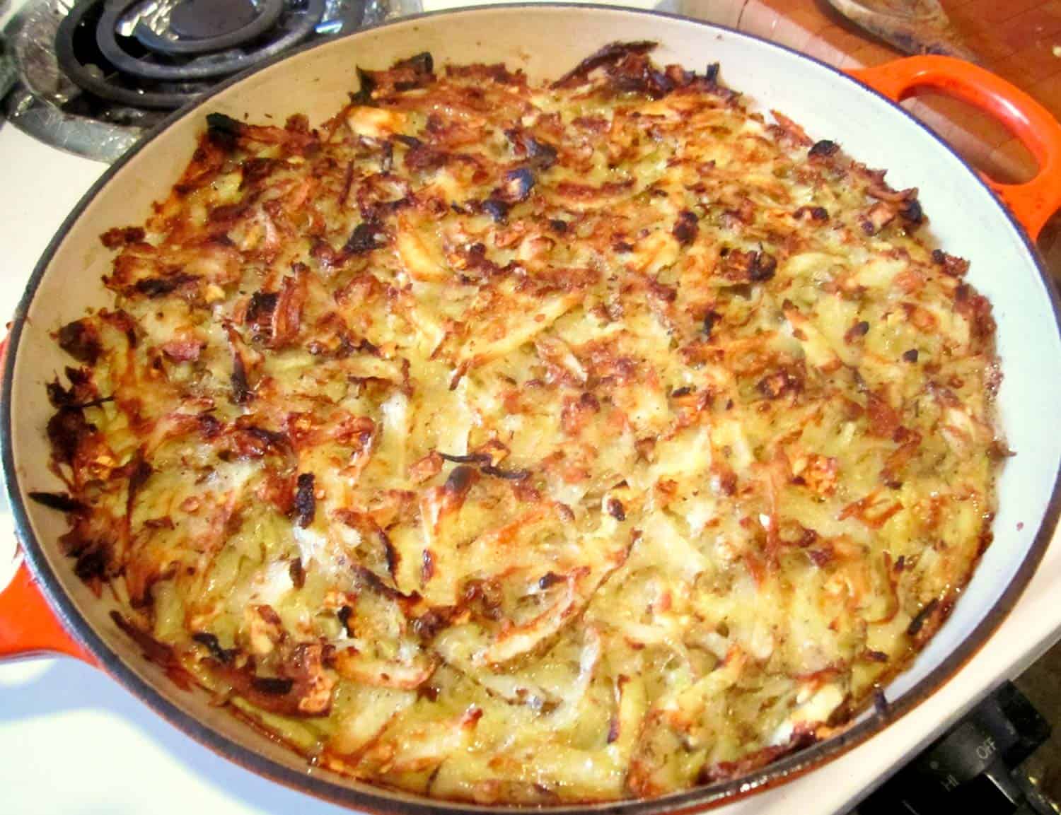 Passover food potato kugel in casserole dish.