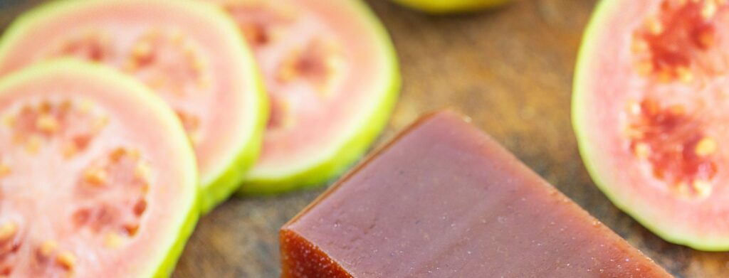 Most common Cuban fruits, guava as sliced fruit and guava jam.
