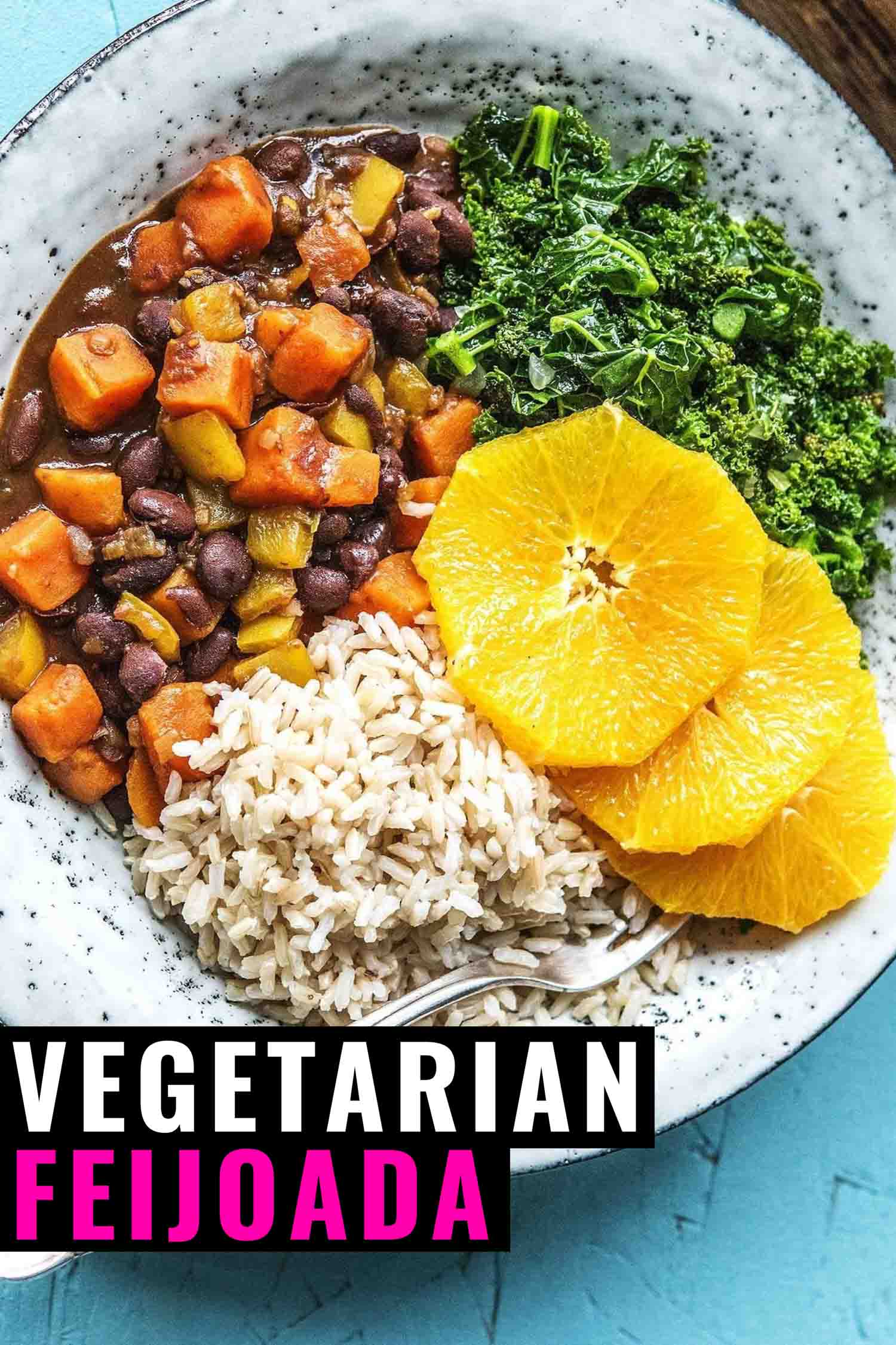 Vegetarian feijoada with slides of orange and kale on a white plate and black background.