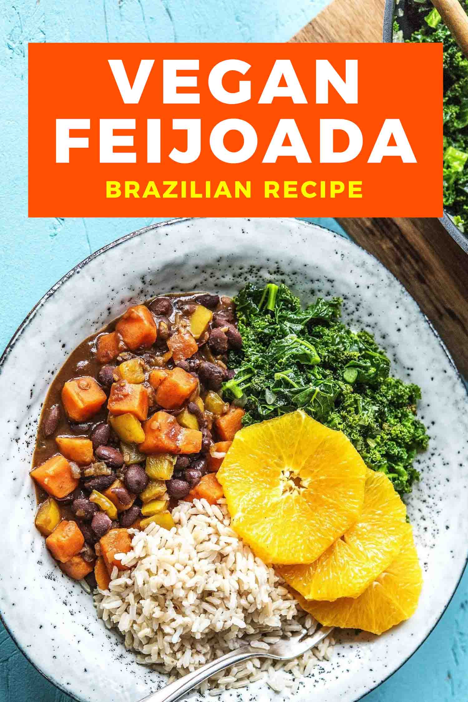 Vegetarian feijoada with slides of orange and kale on a white plate and black background.