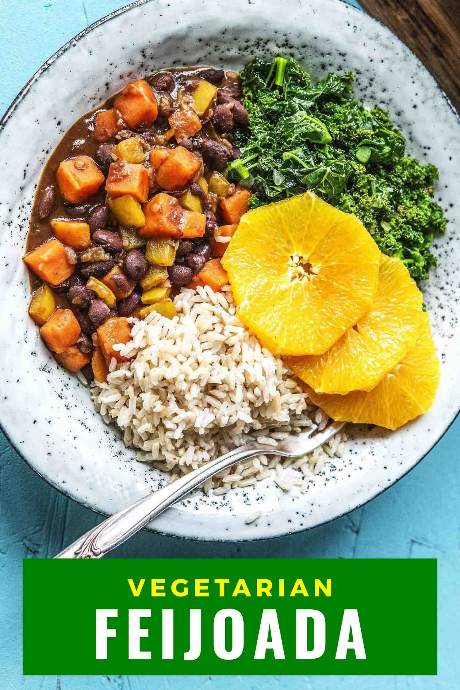 Vegetarian feijoada with slides of orange and kale on a white plate and black background.