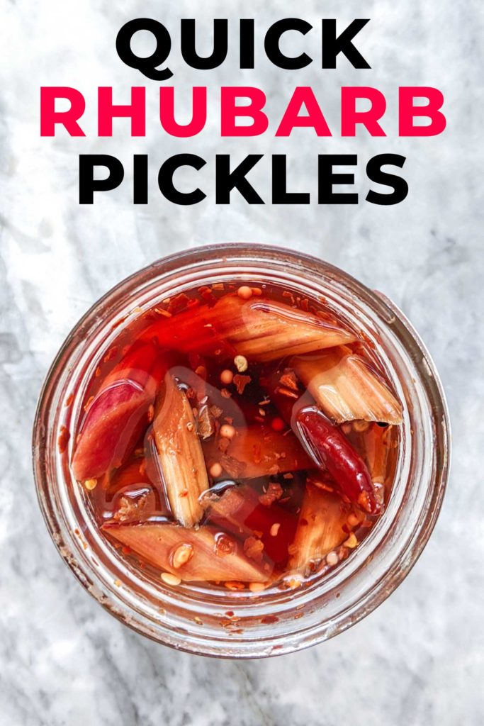 Top view of a mason jar of pickled rhubarb with text that says quick rhubarb pickles