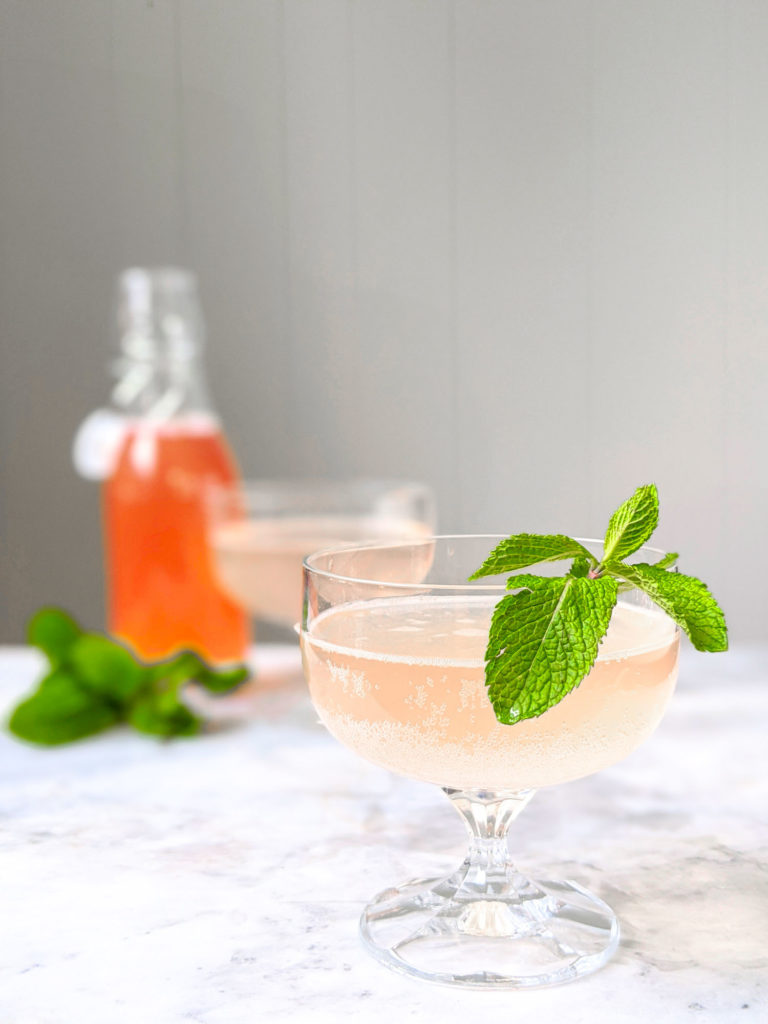 Rhubarb soda called rhabarberschorle in two coupe glasses with syrup bottle in background.