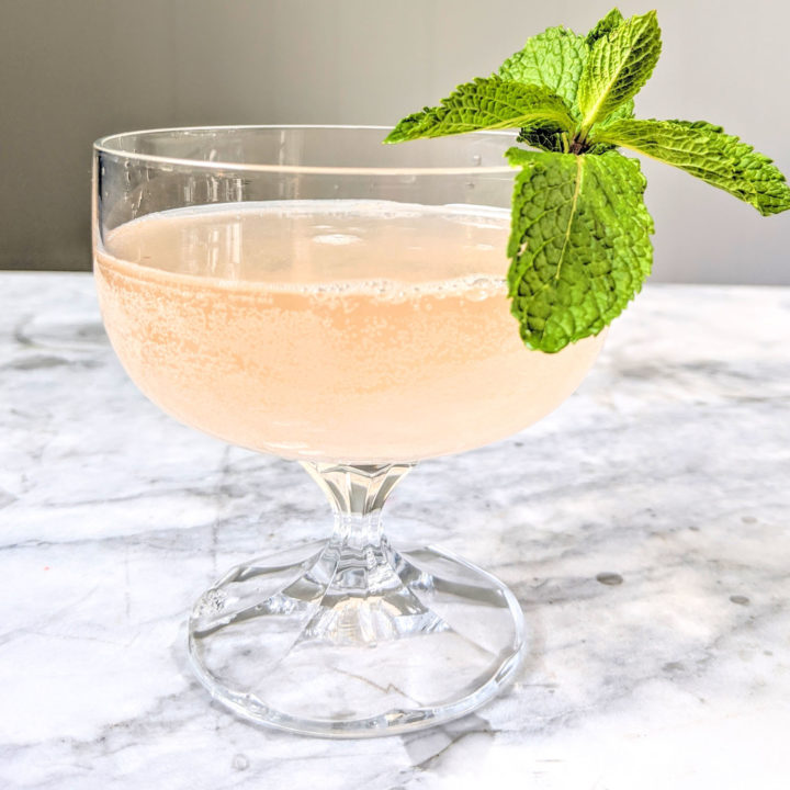 Rhubarb soda called rhabarberschorle in a coupe glass garnished with mint
