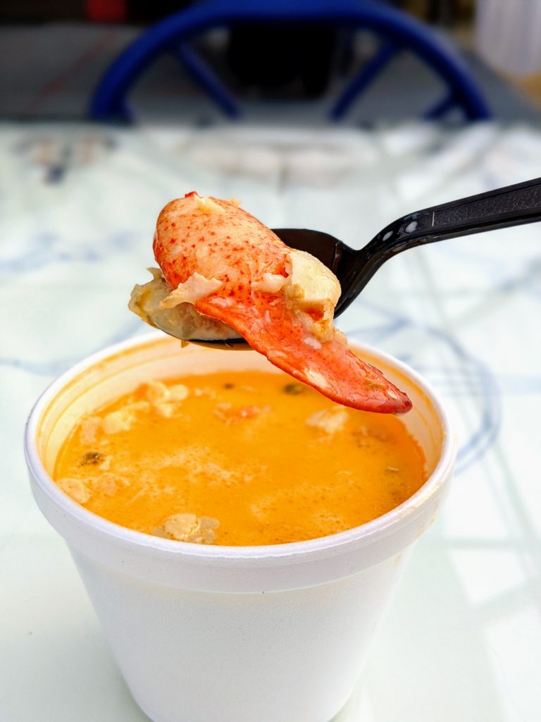 Charlene's Bayside chowder is considered one of the best restaurants in Cape Breton. Here is a whole lobster claw in a cup of chowder