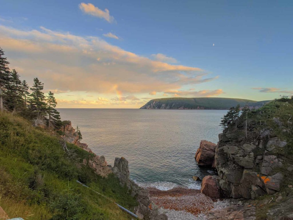 Keltic Lodge view of Ingonish with cliffs and water