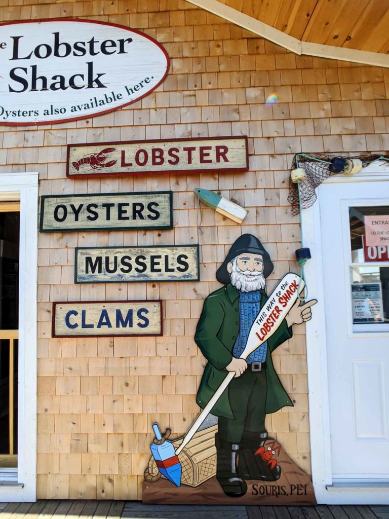 Lobster Shack Souris PEI exterior with sign that says lobster oysters mussels and clams