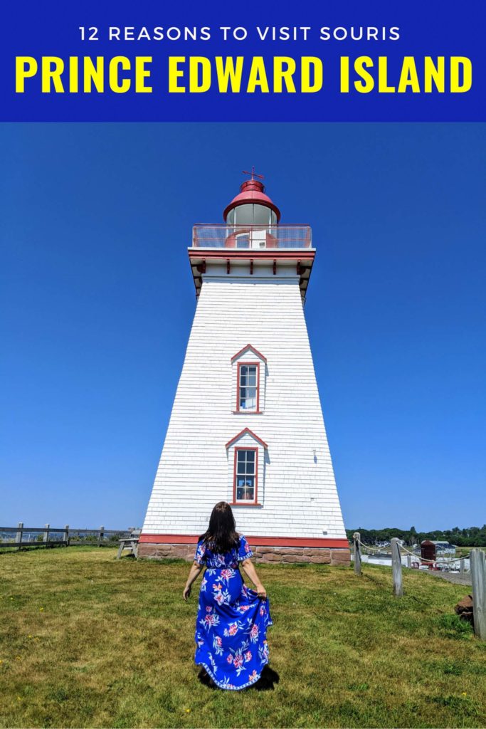 girl in dress by lighthouse in Souris PEI