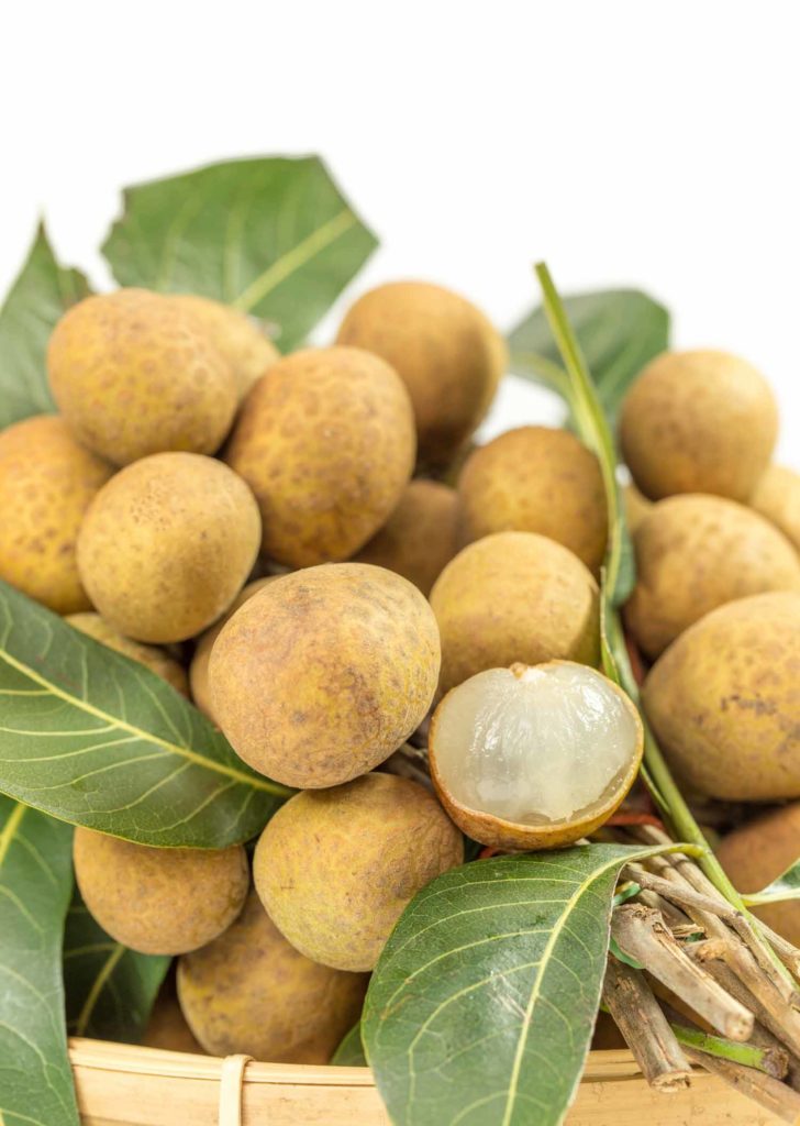 Fresh longan in basket isolated on white background.