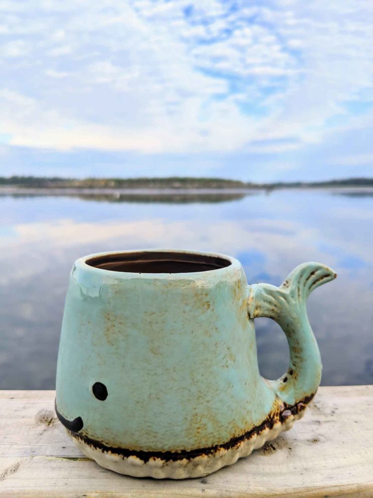 Whale mug on railing in front of water