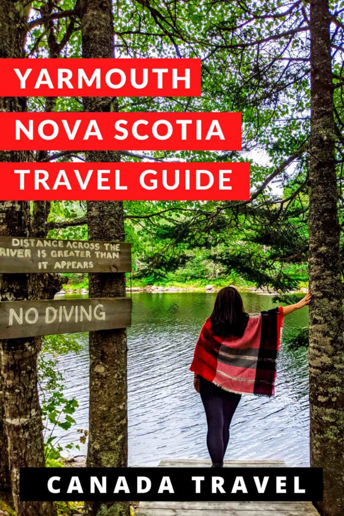 Ayngelina with red plaid cape in forest with text that says yarmouth nova scotia travel guide and canada travel