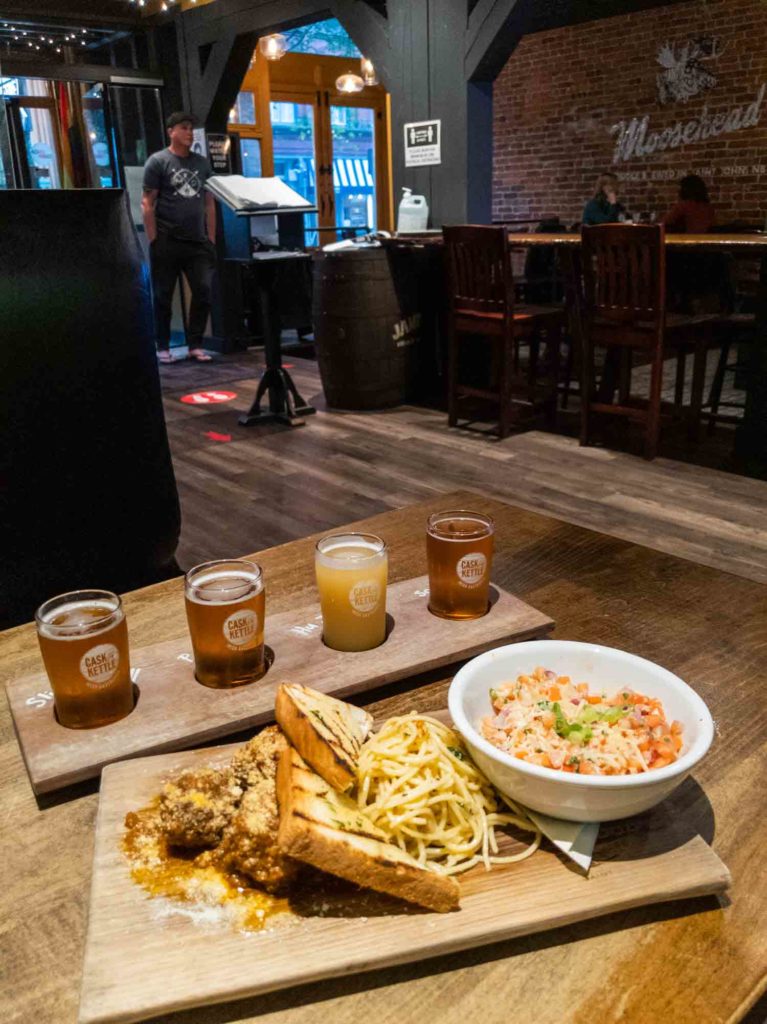 Flight of beer and food at Cask and Kettle in New Brunswick Canada