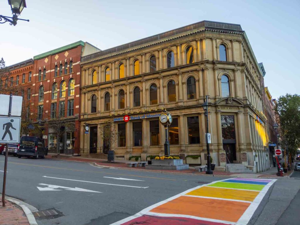 Downtown Saint John in New Brunswick with rainbow sidewalk