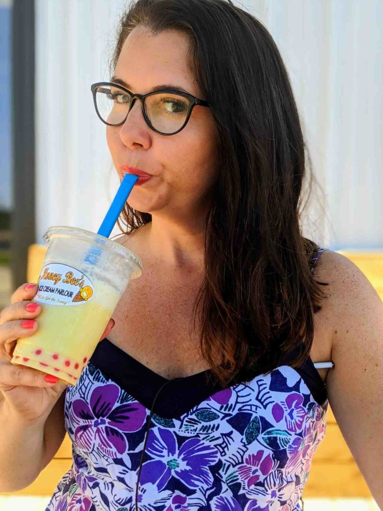 Ayngelina drinking bubble tea in Yarmouth Nova Scotia