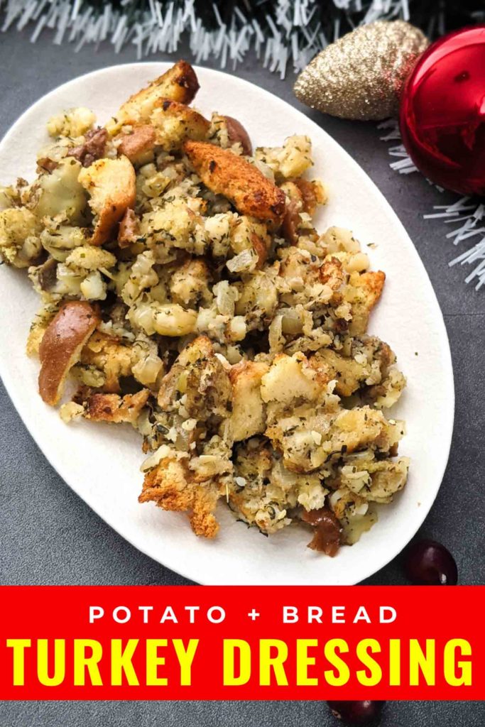 Nova Scotia potato and bread turkey dressing on a white plate and dark background with holiday ornaments